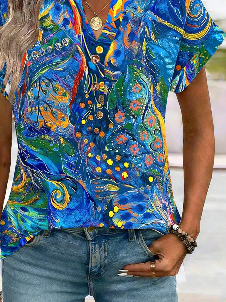 V Neck Elegant Psychedelic Art Cotton T-Shirt