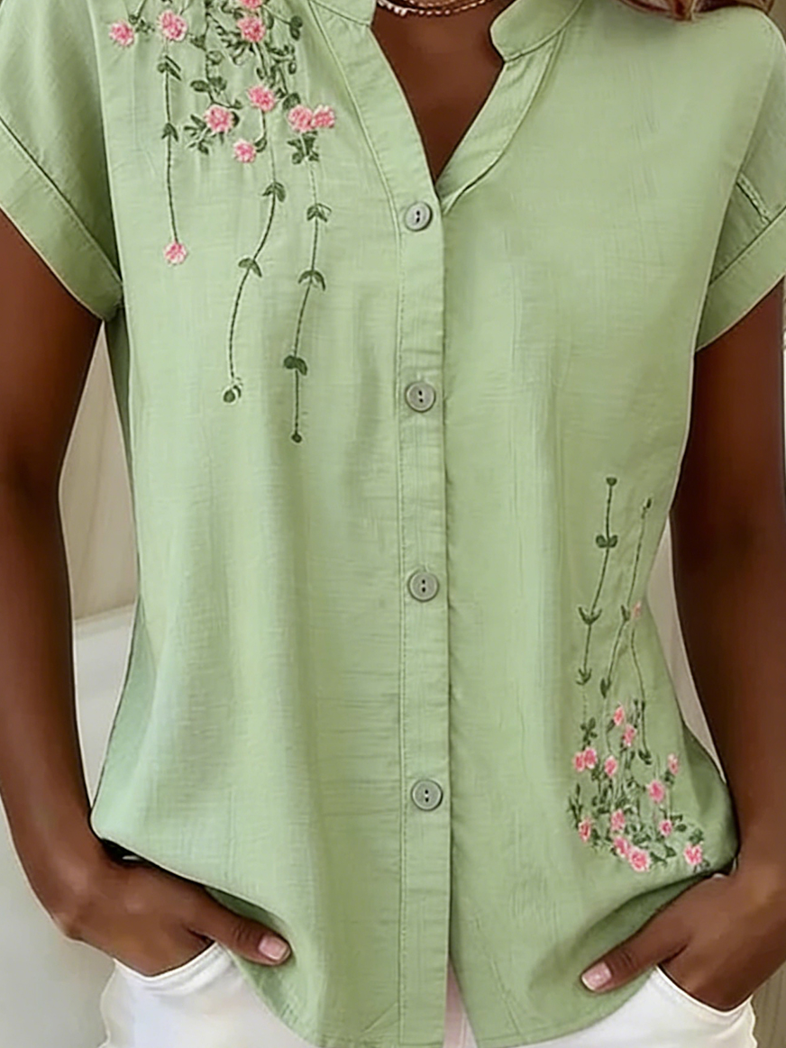 Women's Button-Down Shirt â€?V-Neck, Short-Sleeve, Stylish Button-Front Casual Shirt
