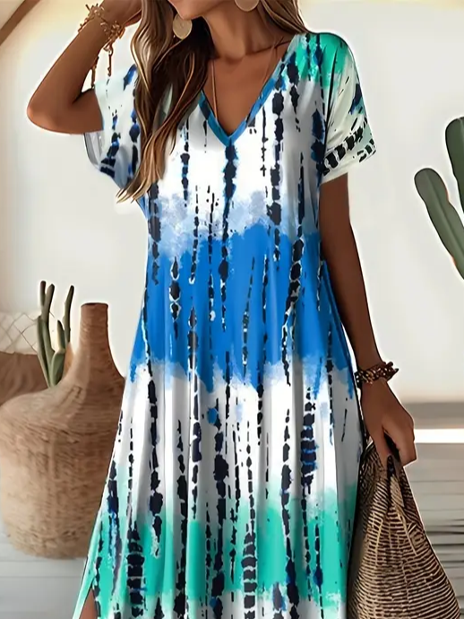 Women's Abstract Print Casual V-Neck Short Sleeve Slit Dress