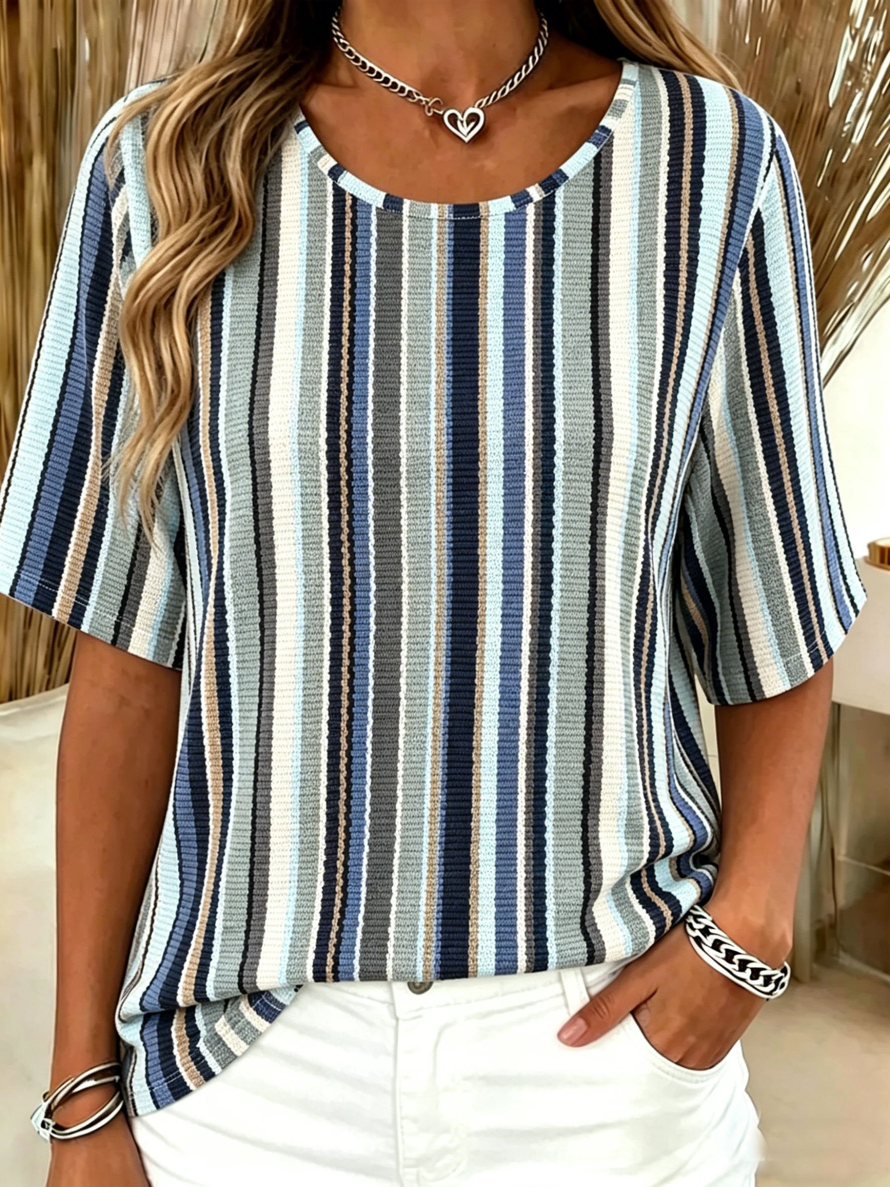 Cotton-Blend Crew Neck Short Sleeve Casual Striped T-Shirt