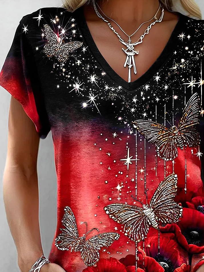 Women's Short Sleeve T-shirt Summer Red Floral Printing V Neck Holiday Going Out Vintage Top
