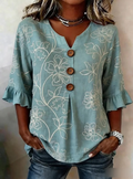 Women's Half Sleeve Blouse Summer Blue Floral Printing V Neck Daily Going Out Vintage Top