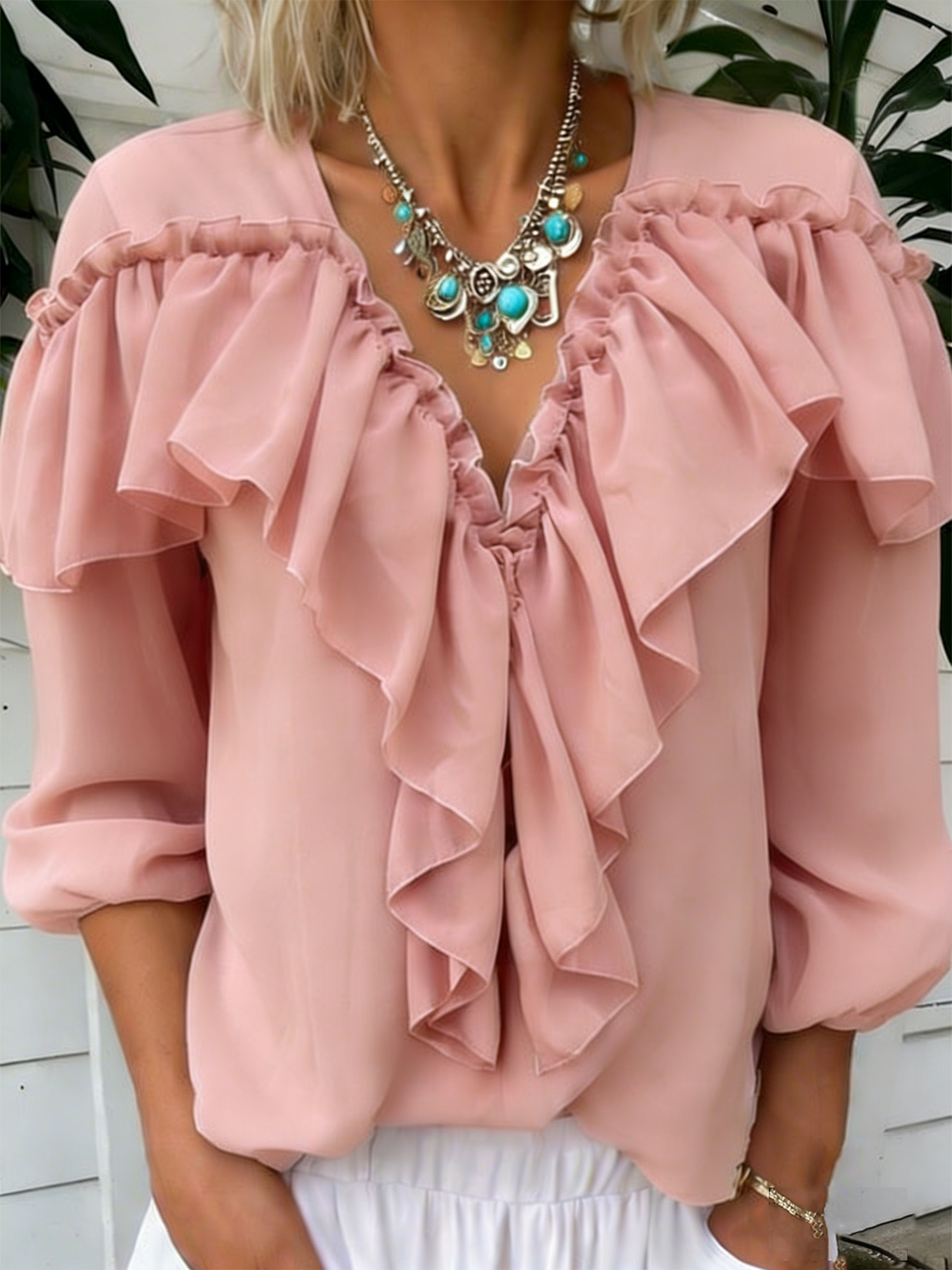 Loose Elegant Lotus Leaf Collar Balloon Sleeve Shirt