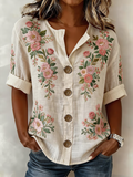 Women's Long Sleeve Shirt Spring/Fall Apricot Floral Buckle Stand Collar Daily Going Out Casual Top