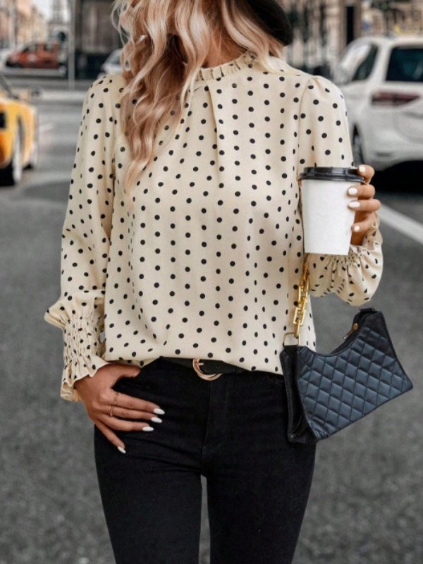 Women's Long Sleeve Shirt Spring/Fall Apricot Polka Dots Split Joint Lotus Leaf Collar Petal Sleeve Daily Going Out Casual Top