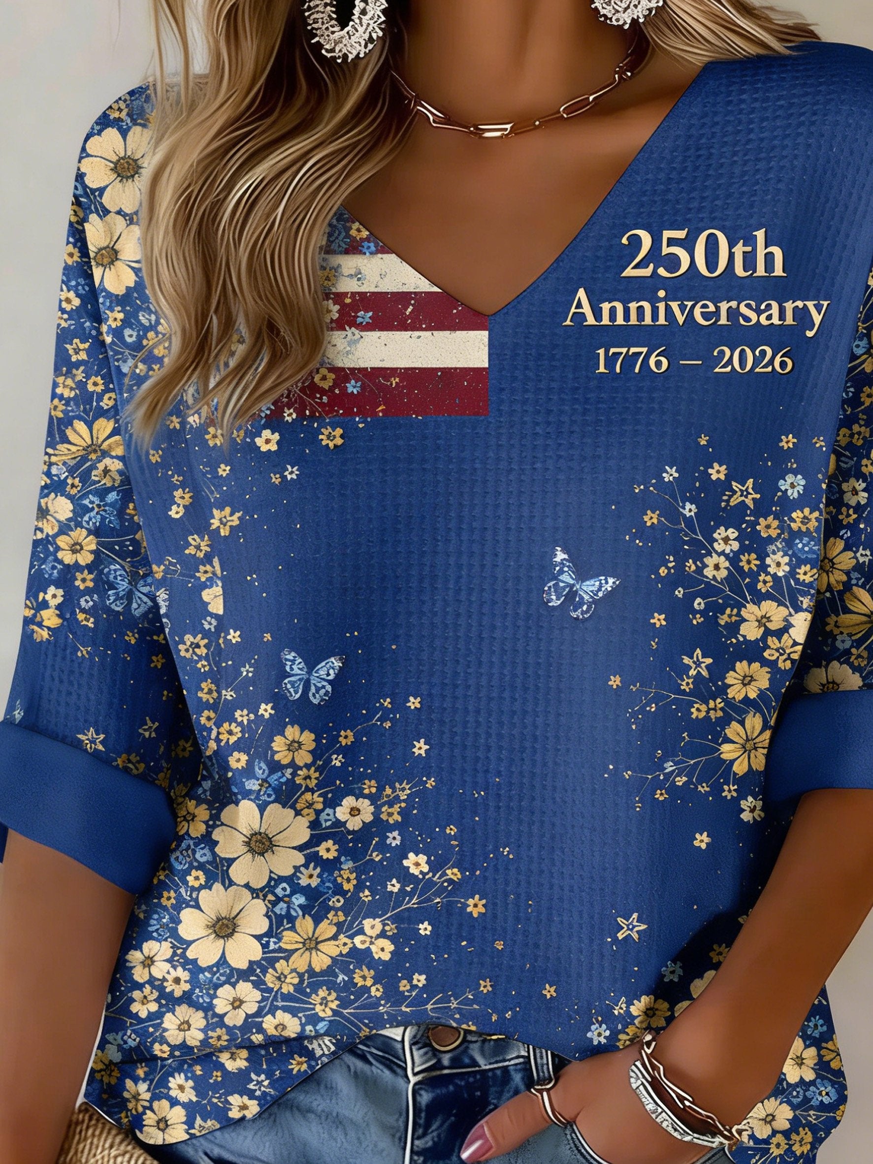 3D Printing V Neck America Flag Floral 250th Anniversary Spring Summer Casual T-Shirt