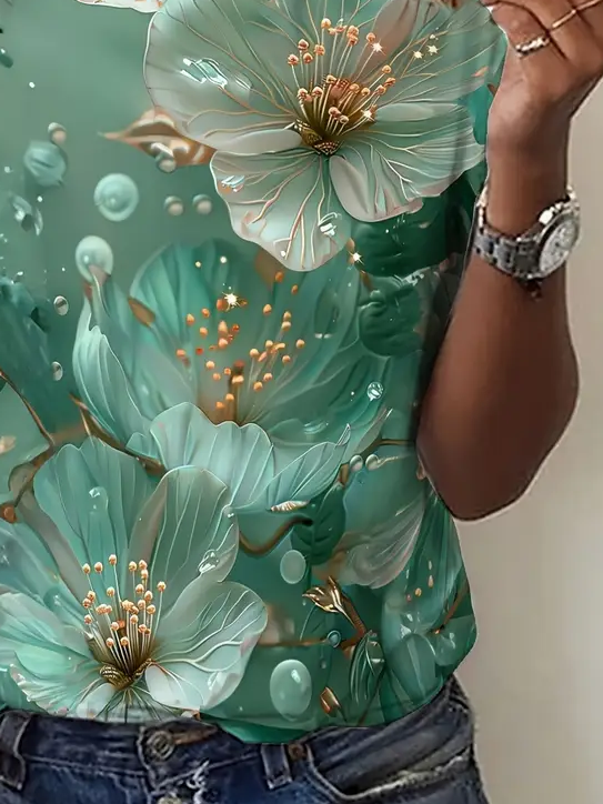 Women's Floral Spring Print Casual Round Neck Short Sleeve T-Shirt