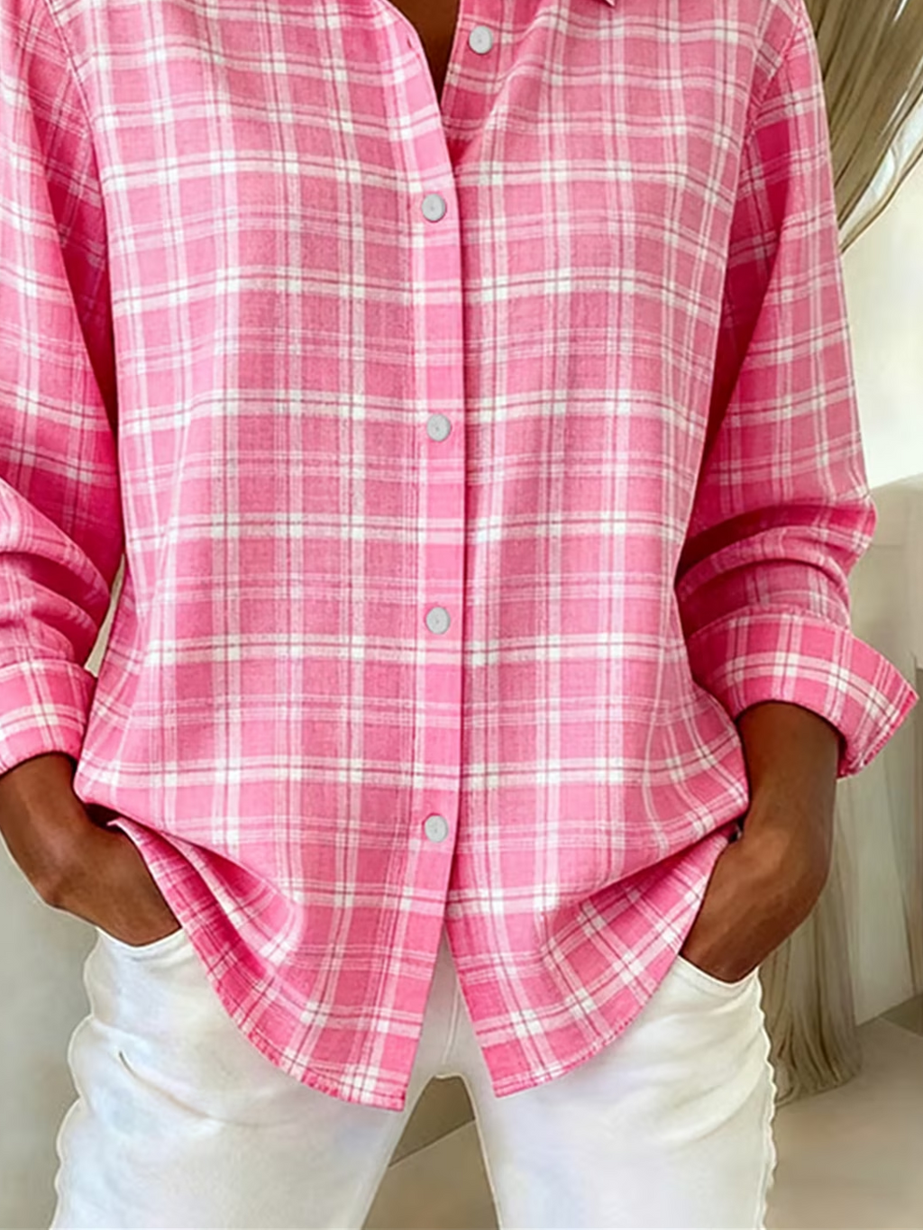 Women's Long Sleeve Shirt Spring/Fall Pink Plaid Buckle Shirt Collar Regular Sleeve Daily Going Out Casual Top