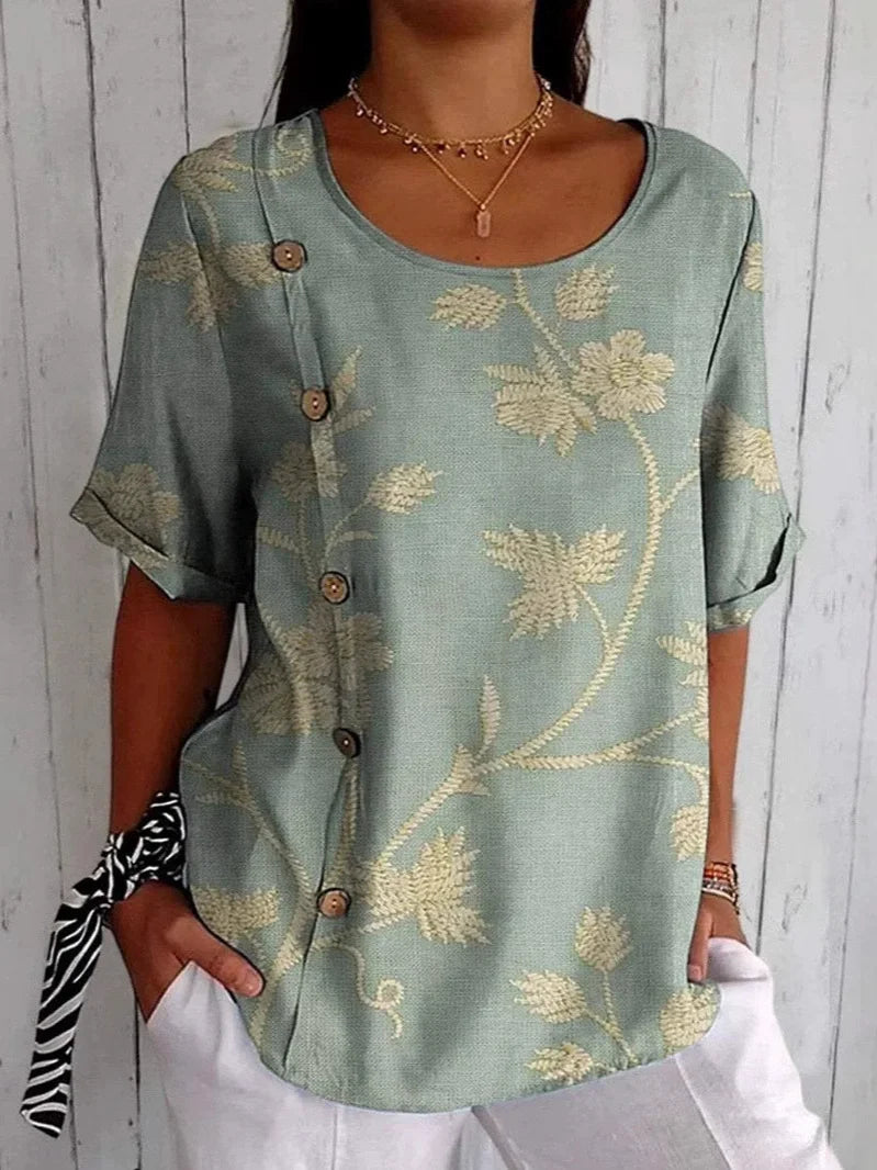 Vintage Floral Round Neck Short Sleeve Button Summer Going Out Casual Top