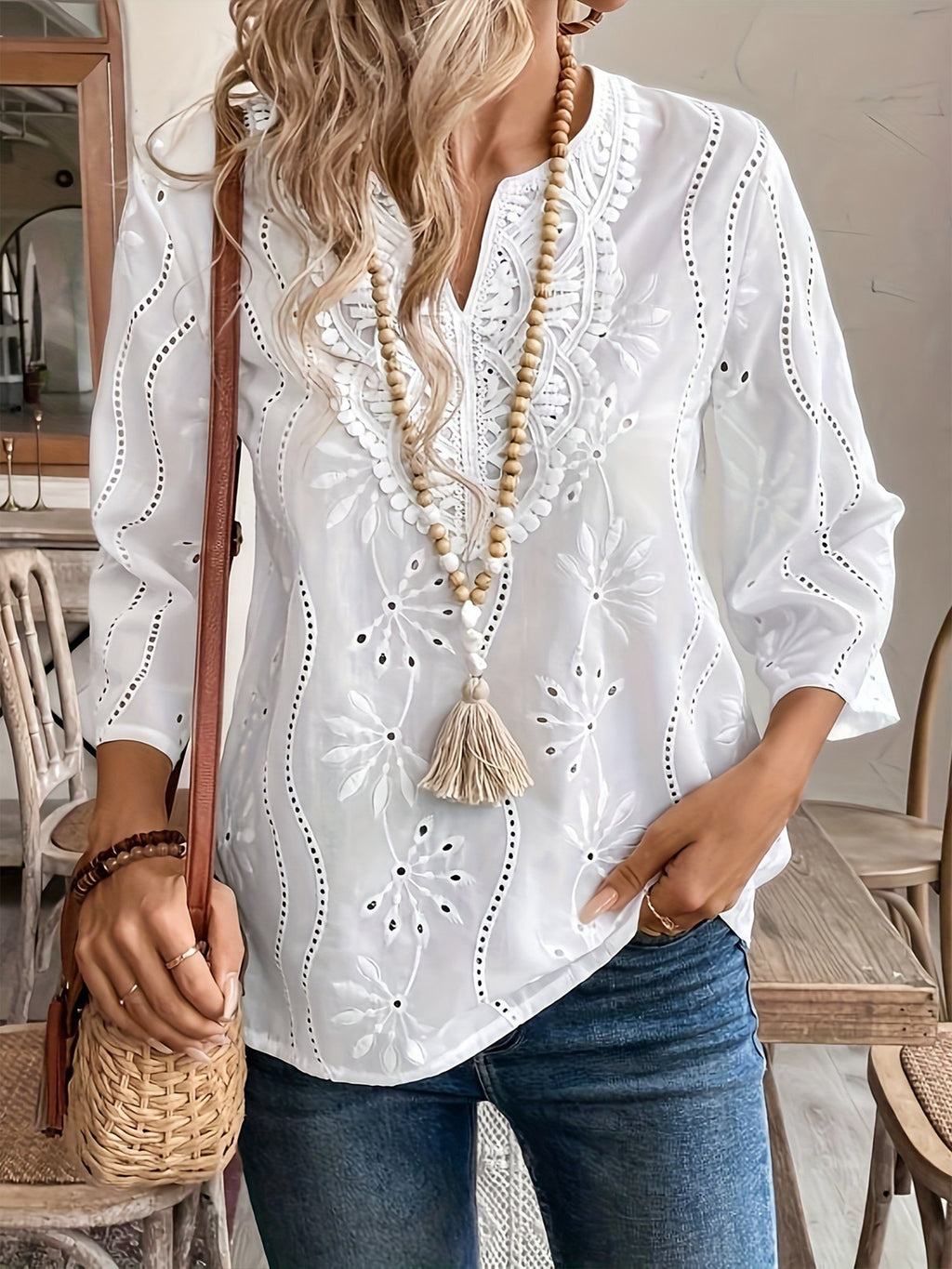 Casual Floral V Neck Three Quarter Sleeve Blouse
