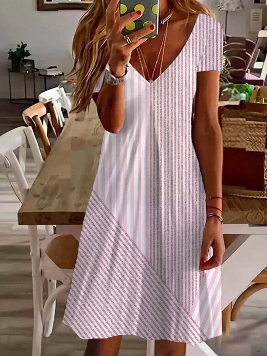 Women's Striped Print Casual V-Neck Short Sleeve Dress