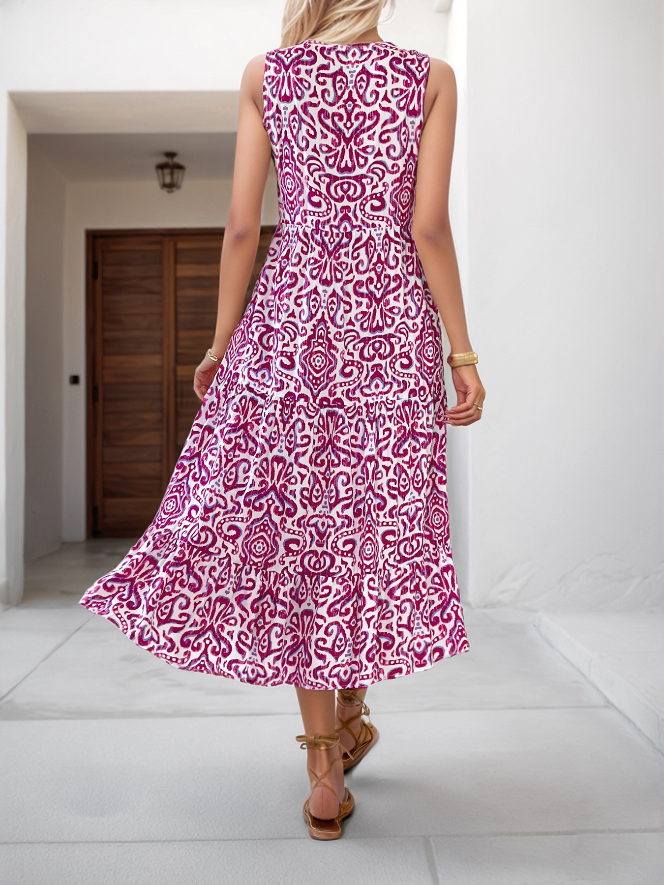 Elegant Ethnic Geometry V Neck Sleeveless Summer Vacation Going Out Elegant Maxi Dress