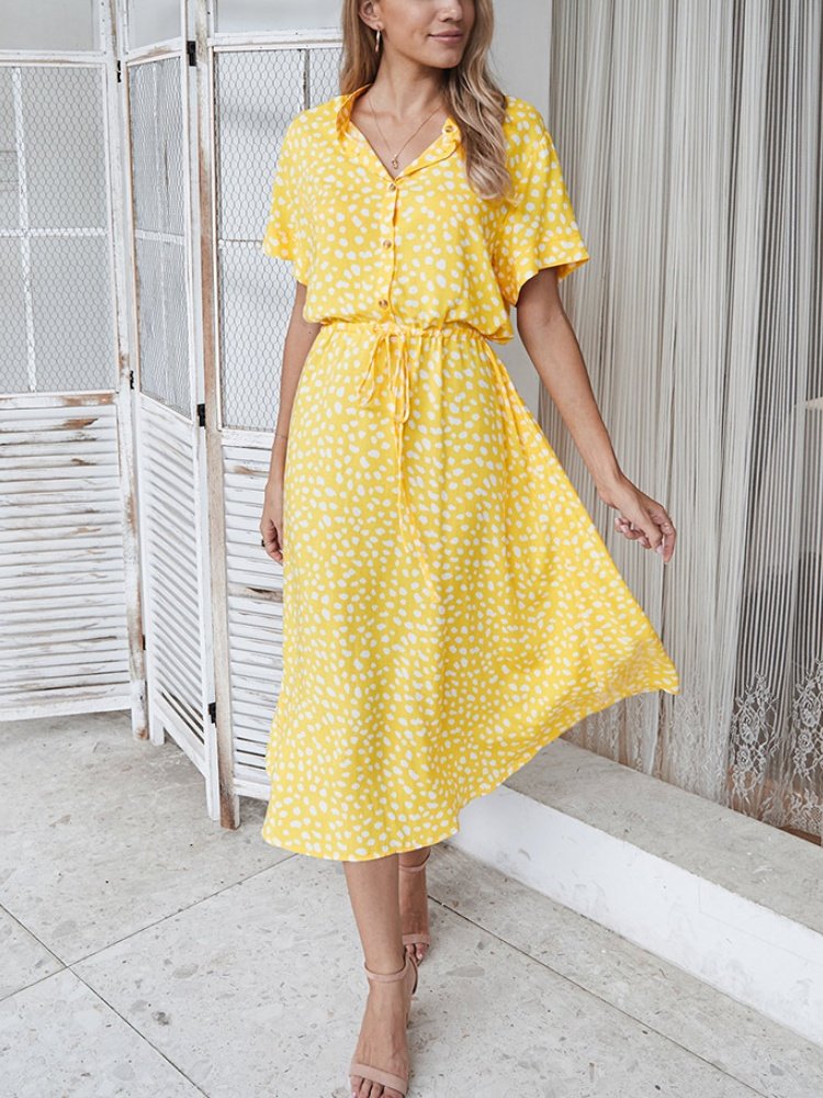 Women's Short Sleeve Summer Blue Polka Dots Split Joint V Neck Daily Going Out Vintage Maxi A-Line T-Shirt Dress Dress
