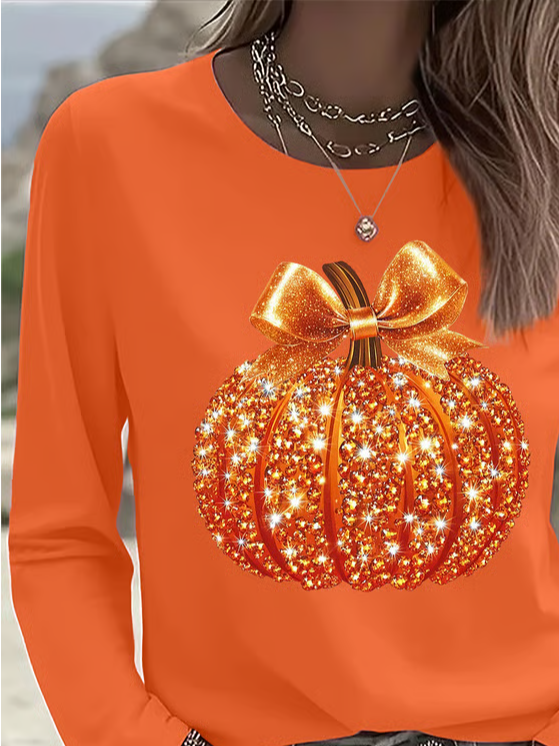 Women's Long Sleeve T-shirt Spring/Fall Orange Halloween (pumpkin) Printing Jersey Crew Neck Daily Going Out Casual Top