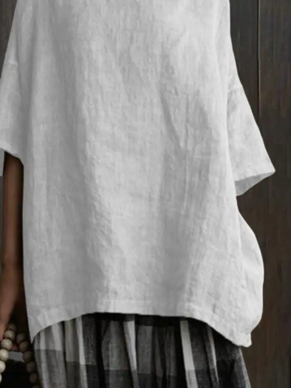 Cotton Casual Plain Crew Neck Blouse