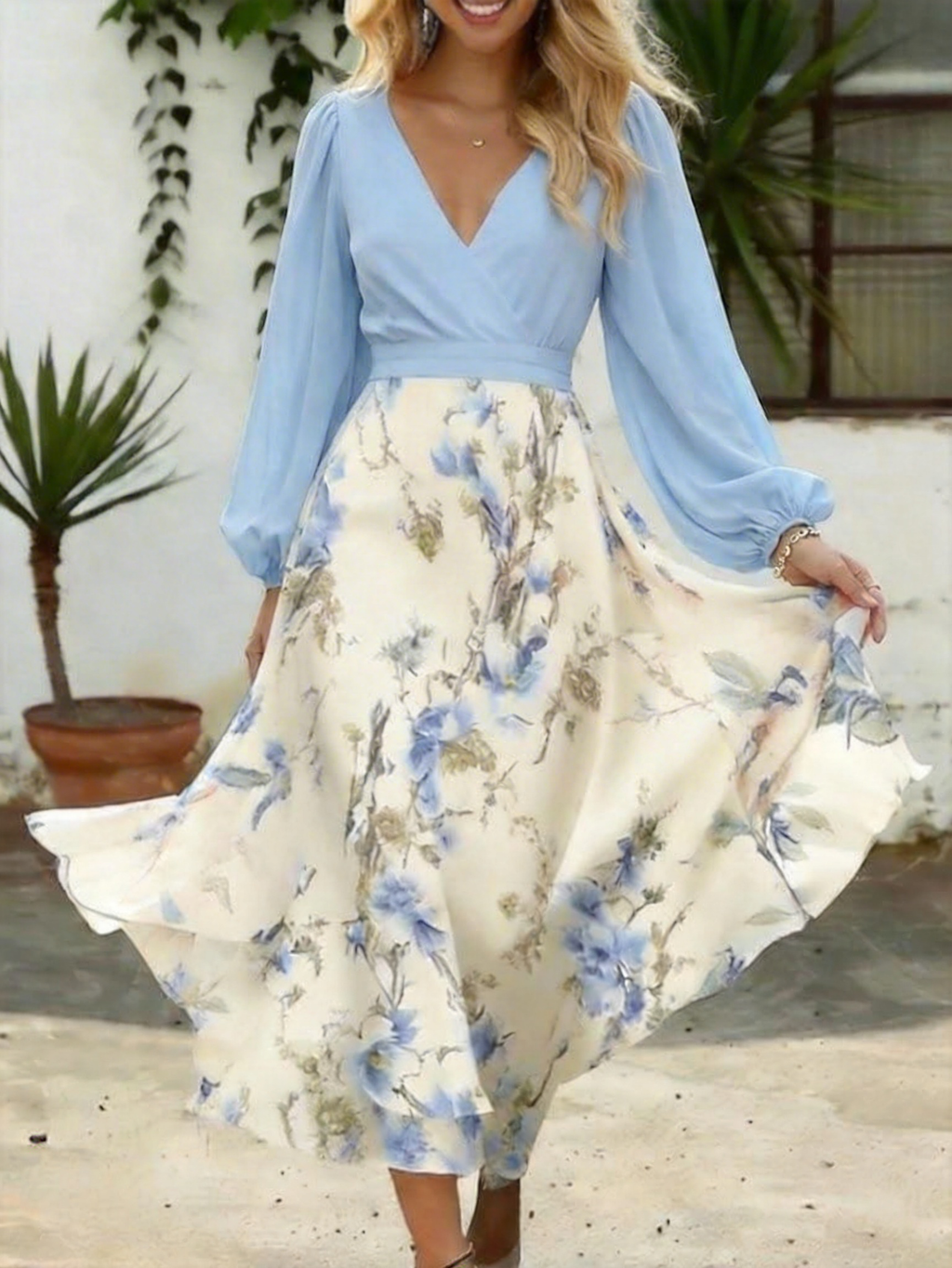 Regular Fit Elegant Floral V Neck Dress With No