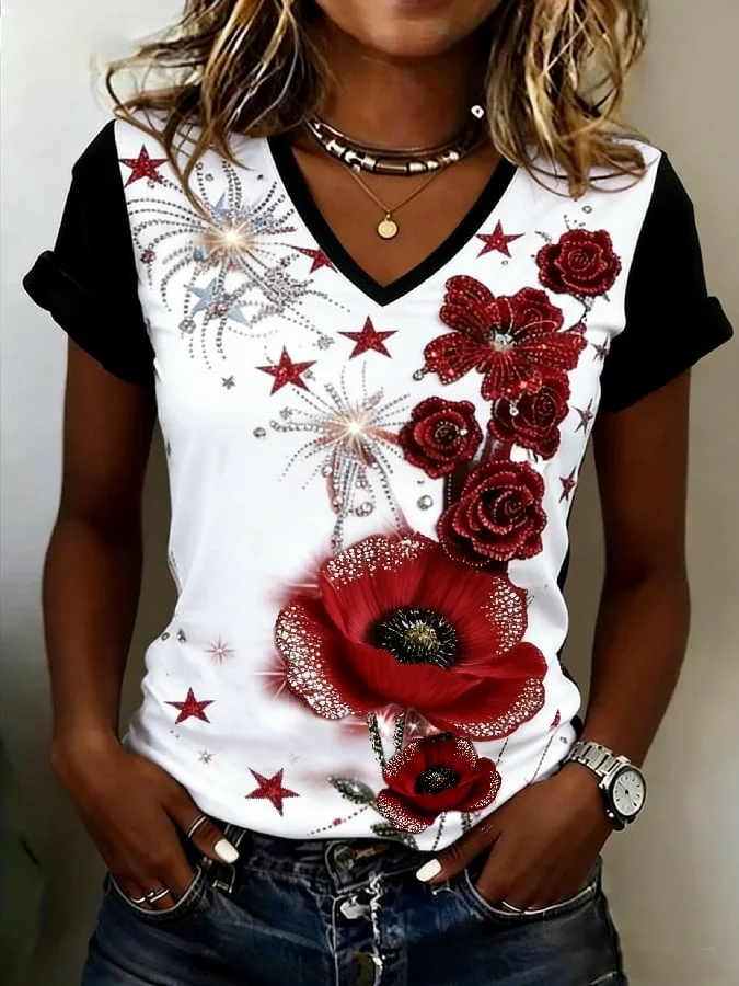 Women's Short Sleeve T-shirt Summer White Floral Printing V Neck Holiday Going Out Vintage Top