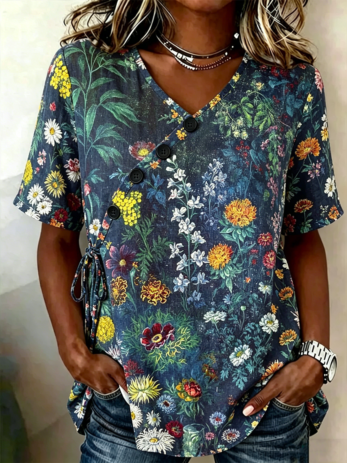 Crew Neck Elegant Floral Loose Shirt