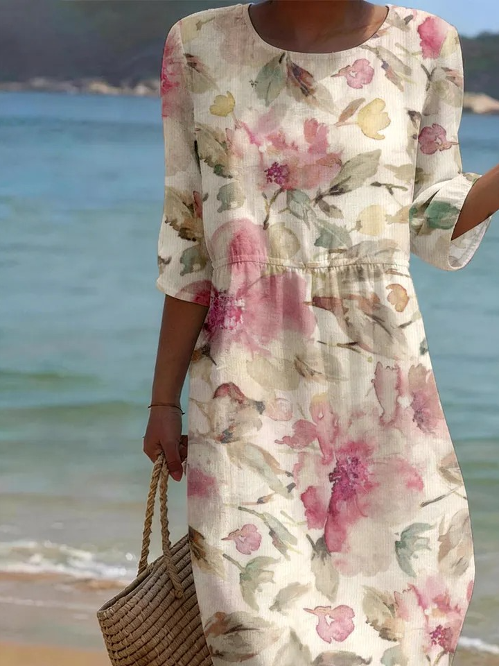 Floral Vintage Others Linen Blend Dress With No
