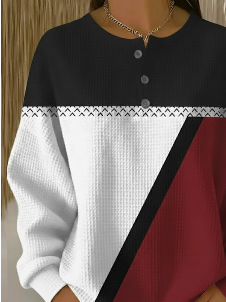 Women's Abstract Print Button-Up Casual Waffle Knit Sweatshirt