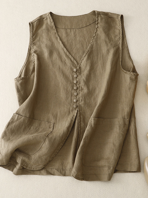 Plain Casual Others Cotton And Linen Vest