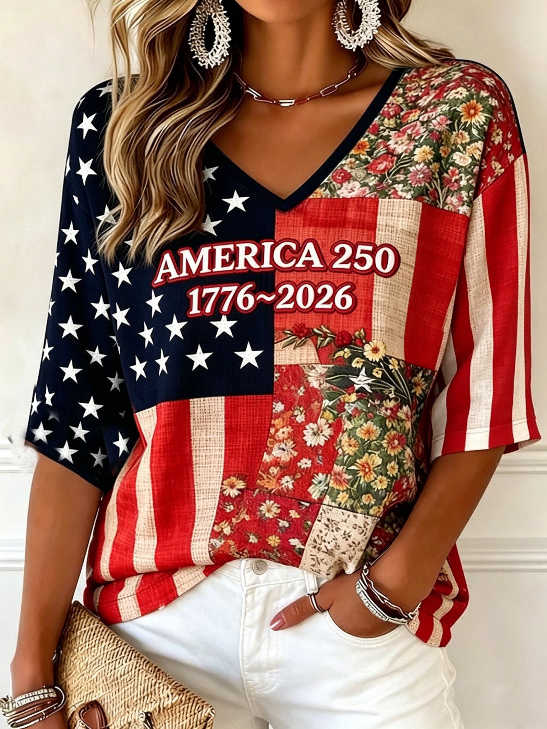 3D Printing V Neck America Flag Floral 250th Anniversary Spring Summer Vintage Casual T-Shirt