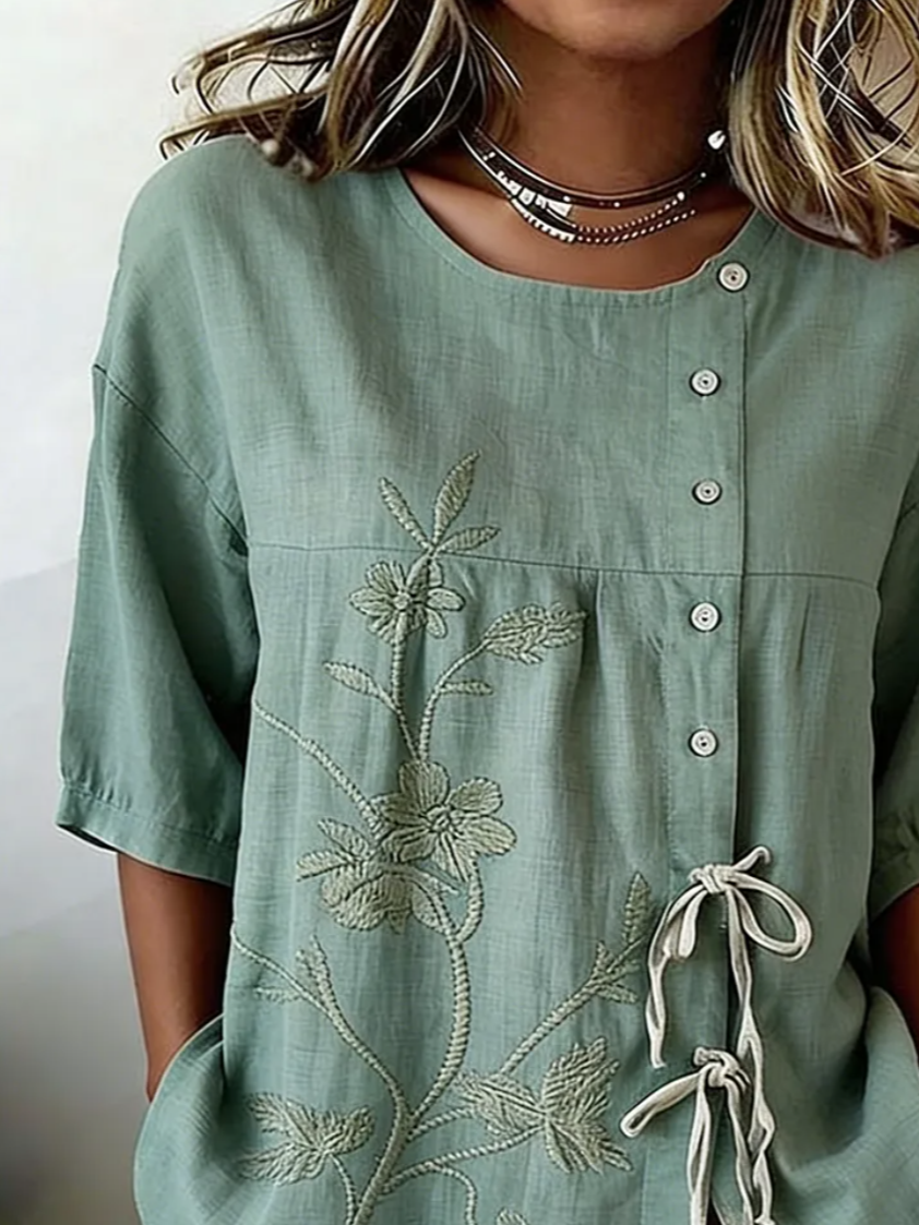 Elegant Loose Floral Linen Blend Blouse