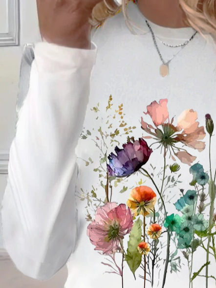 Women's Spring Floral Print Casual Round Neck Long Sleeve T-Shirt