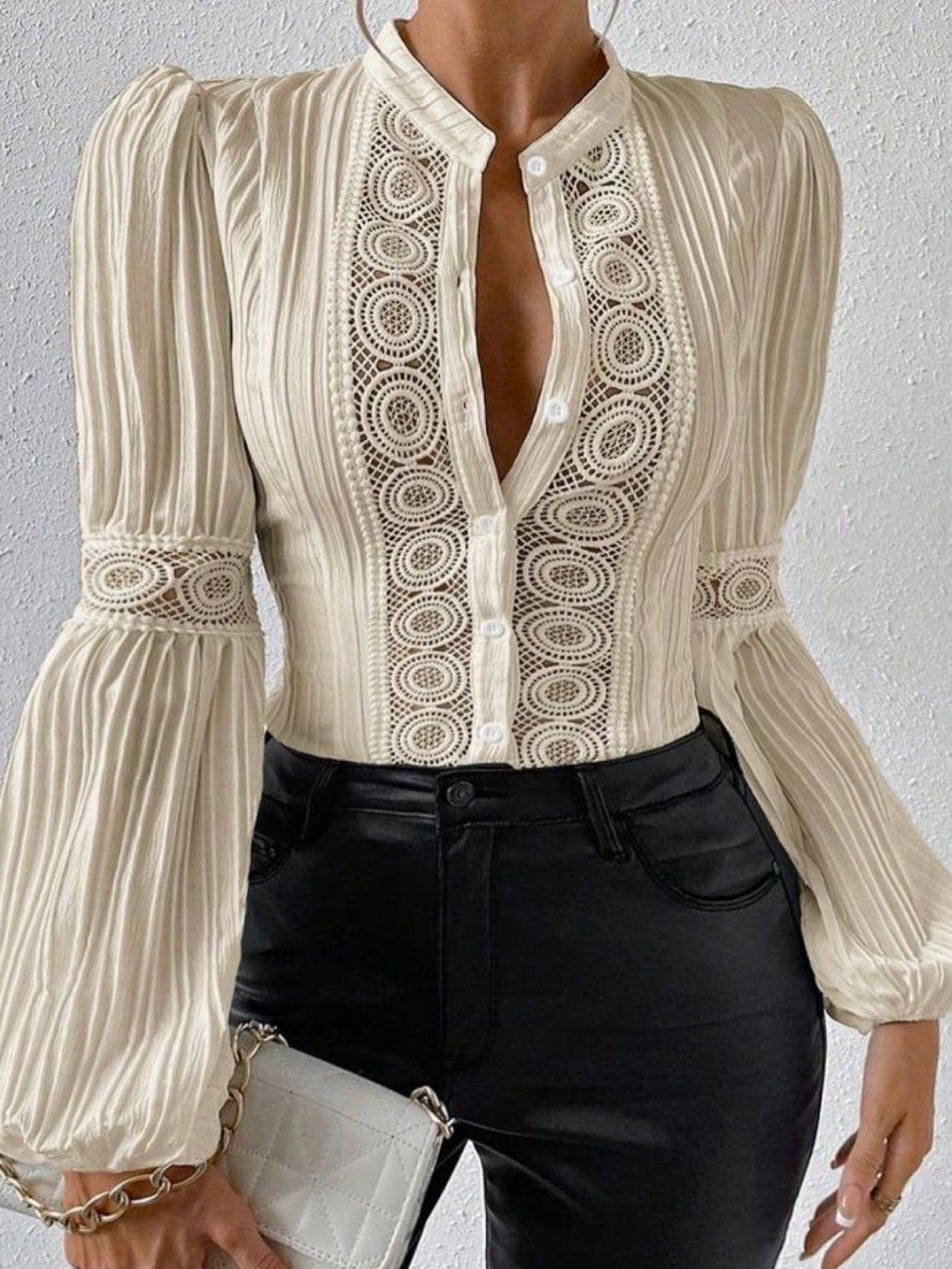 Women's Long Sleeve Shirt Spring/Fall White Plain Split Joint Crew Neck Balloon Sleeve Daily Going Out Casual Top