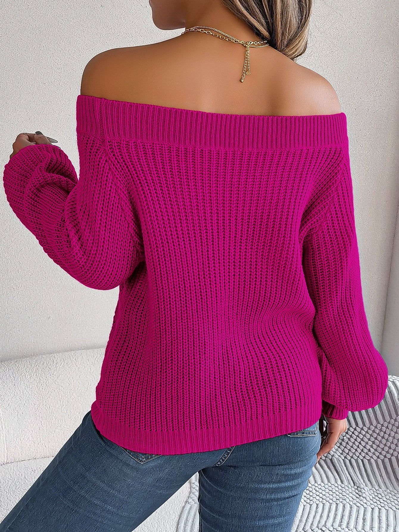 Women's Autumn And Winter Casual Solid Color Hollow Neck Off-Shoulder Lantern Sleeve Sweater