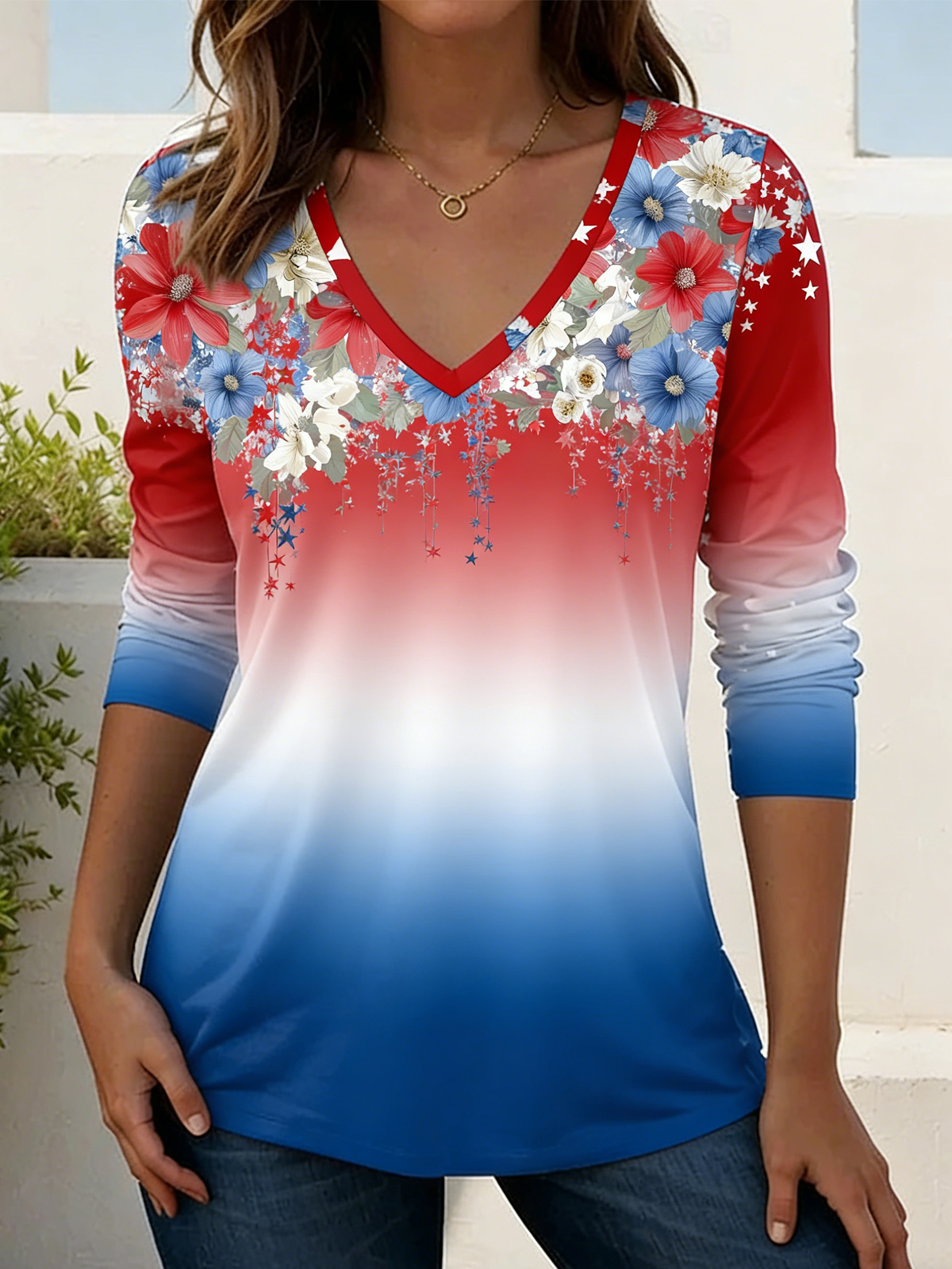 Independence Day Loose Elegant V Neck T-Shirt