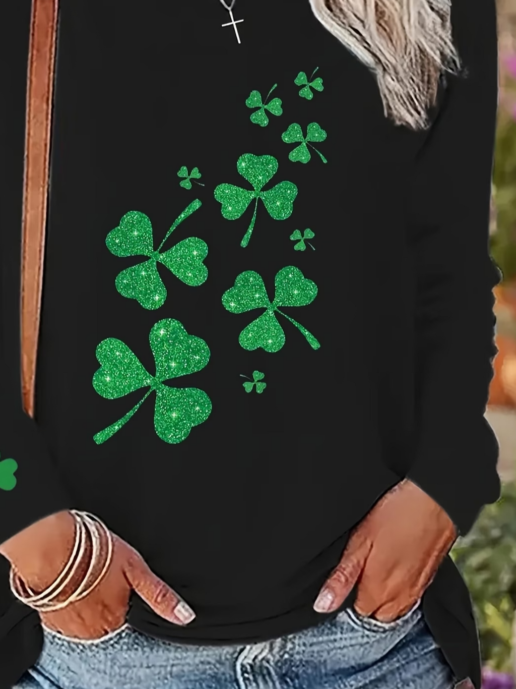 Women's Long Sleeve T-shirt Spring/Fall Black Shamrock Printing Jersey Crew Neck Daily Going Out Casual Top