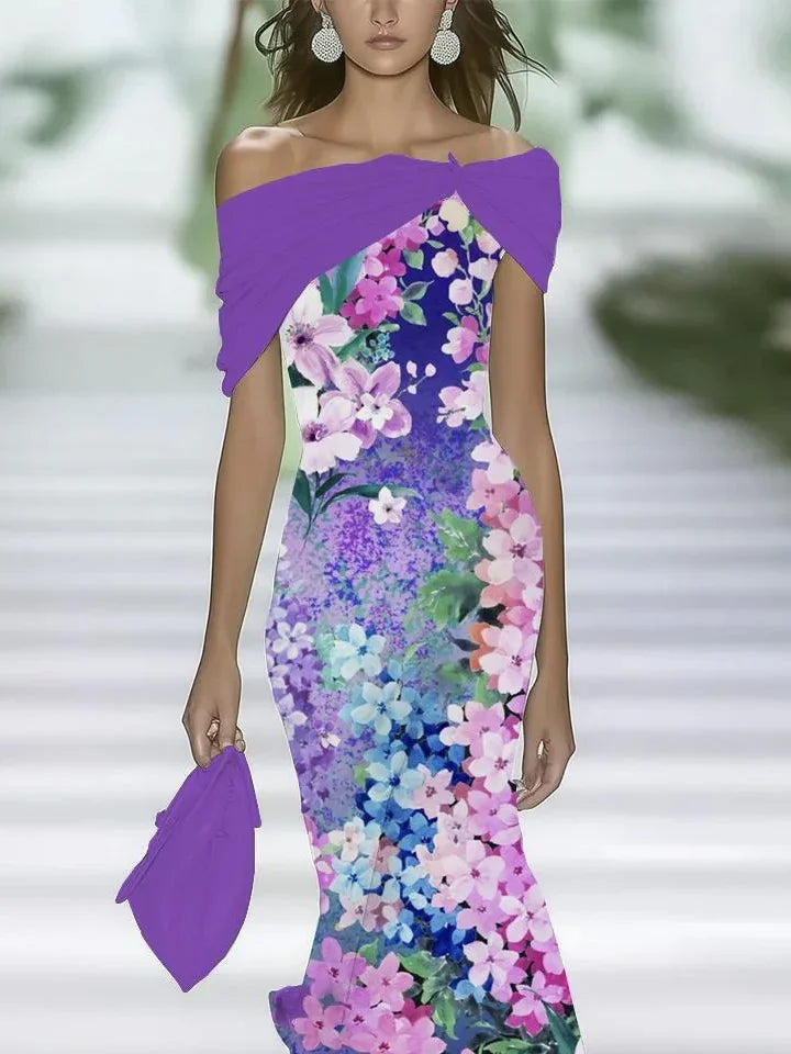 Women's Cap Sleeve Summer Purple Floral Printing Cold Shoulder Daily Going Out Vintage Maxi H-Line Dress