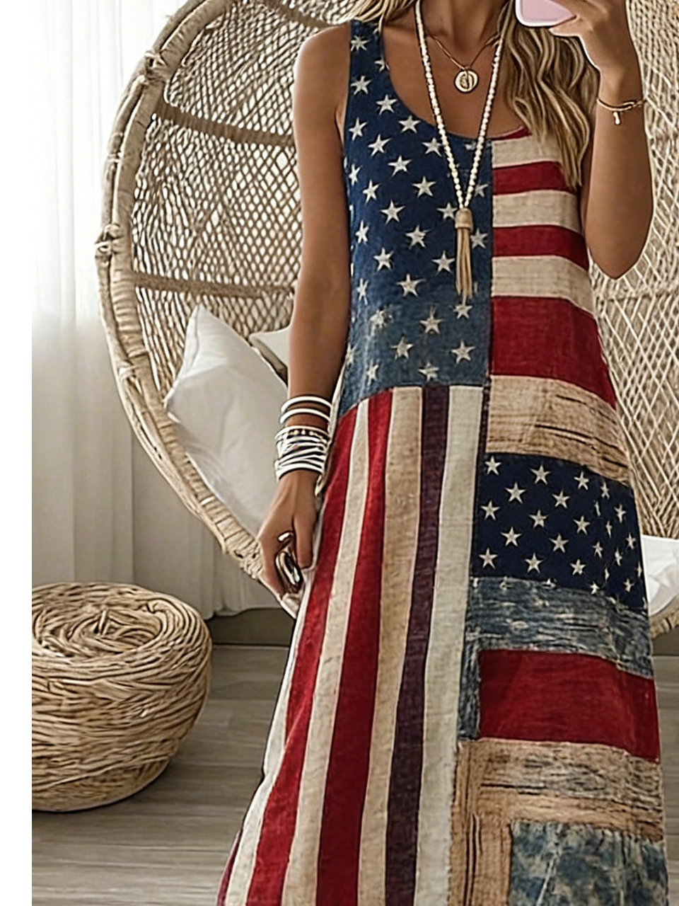 Independence Day Loose Vintage V Neck Dress With No
