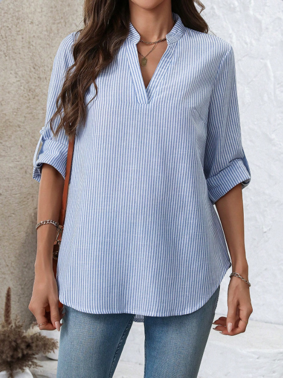 Light Blue Striped V-Neck Top