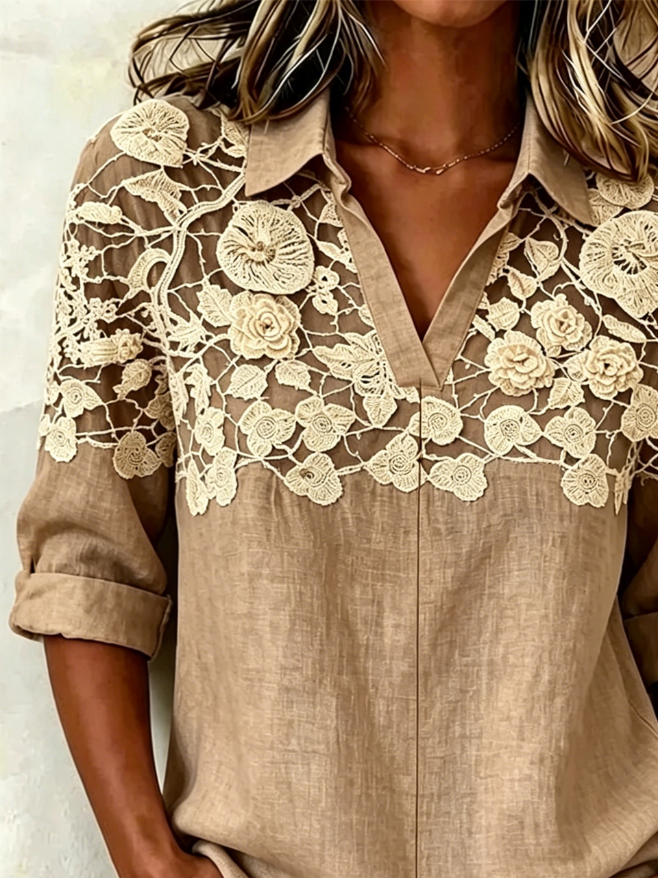 Light Brown Floral Lace Print Yoke Collared Roll Cuff Sleeve Blouse