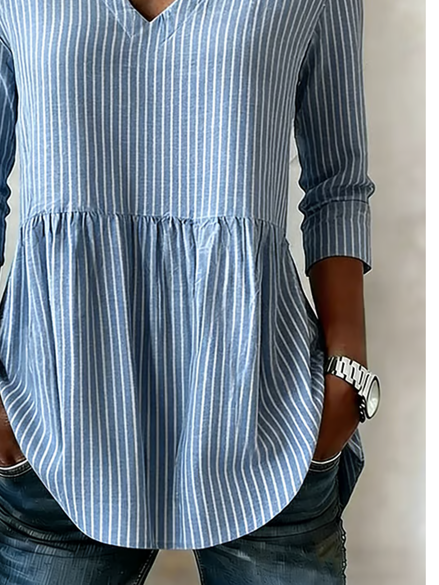 Women's V-Neck Striped Shirt with Pockets and Long Sleeves