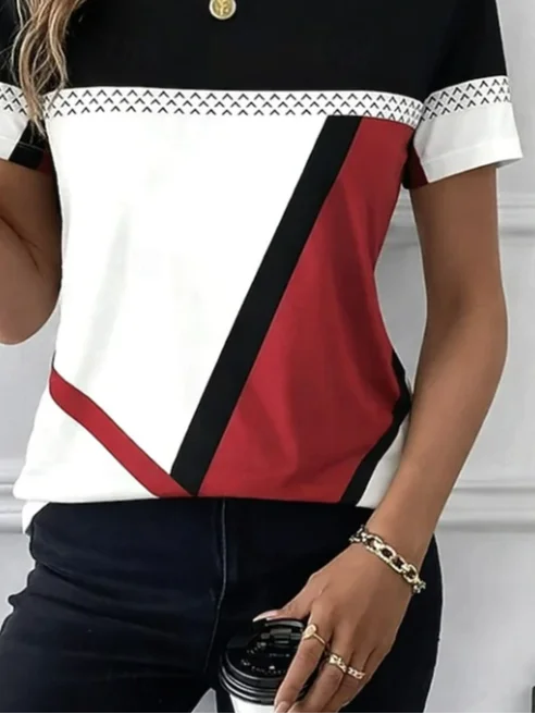 Women's Short Sleeve T-shirt Summer Red Abstract Printing Jersey Crew Neck Daily Going Out Casual Top