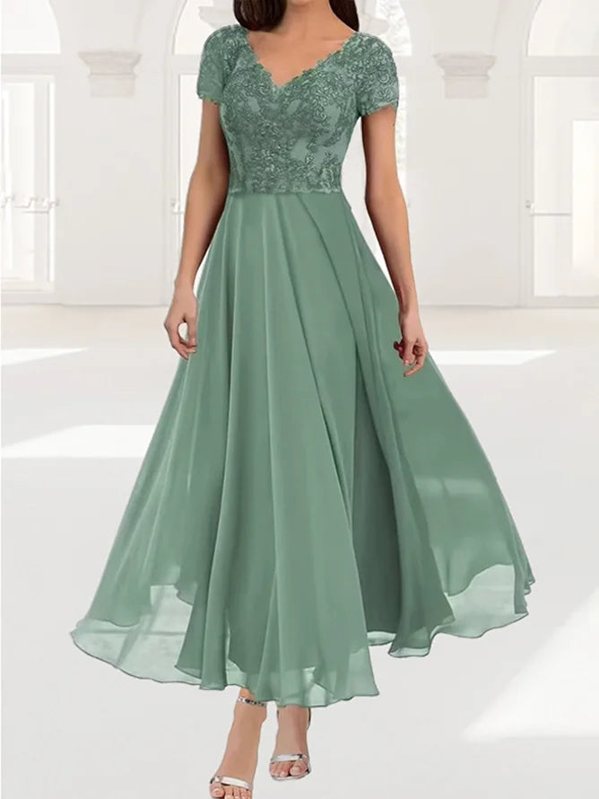 Women's Short Sleeve Summer Plain Lace V Neck Elegant Maxi X-Line Wedding Guest Mother of the Bride Formal Dress