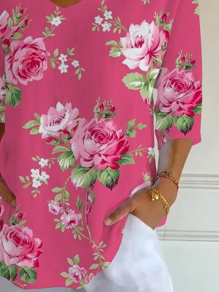 Women's Three Quarter Sleeve T-shirt Spring/Fall Pink Floral Printing V Neck Daily Going Out Casual Top
