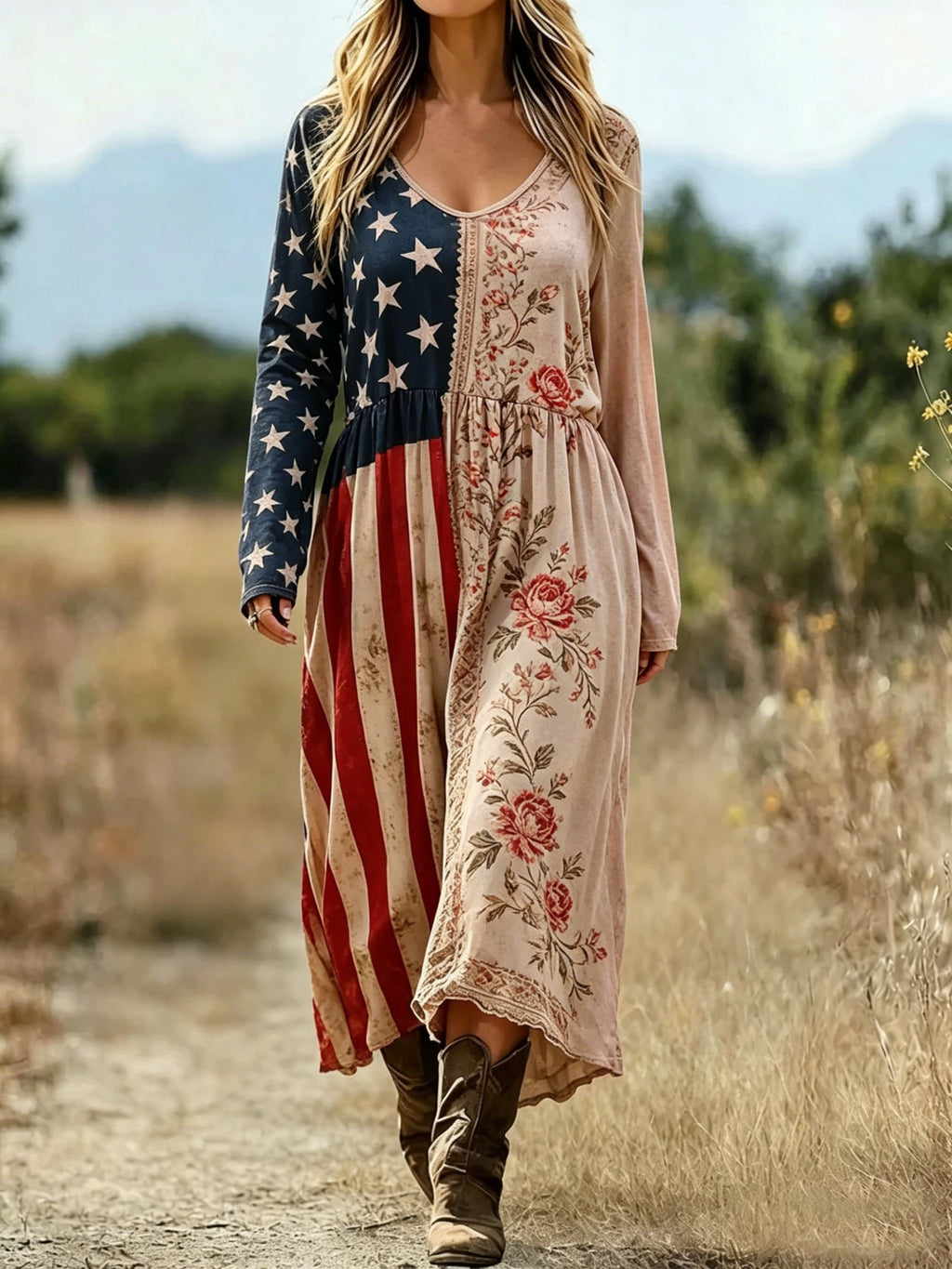 Women Floral V Neck Vintage America Flag Spring Summer A-Line Maxi Dress