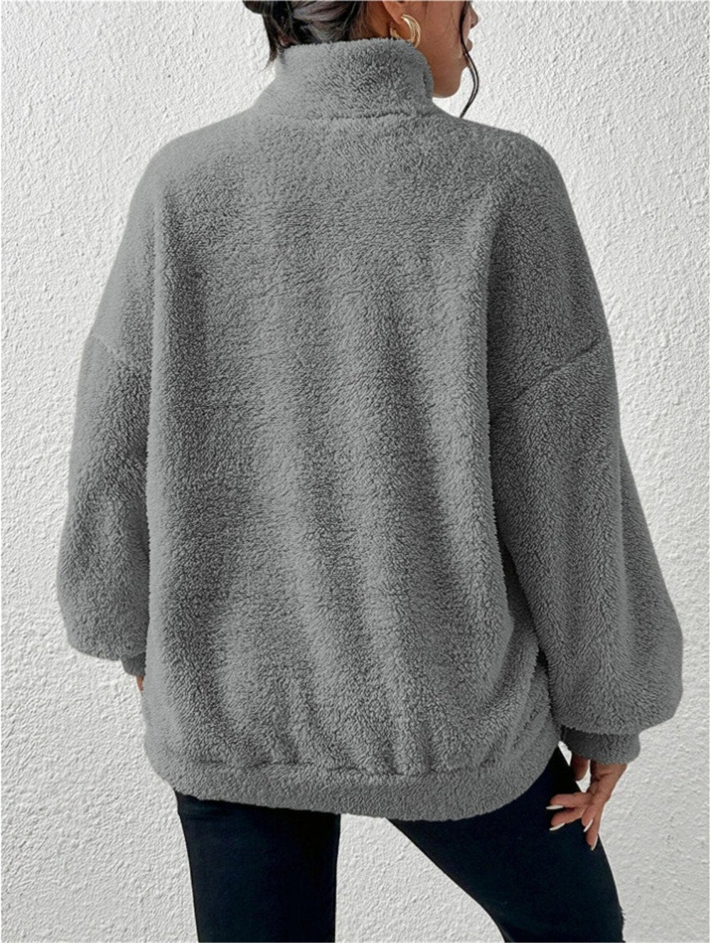 Split Joint Casual Loose Plush And Fleece Women's Stand Collar Zipper Sweatshirt