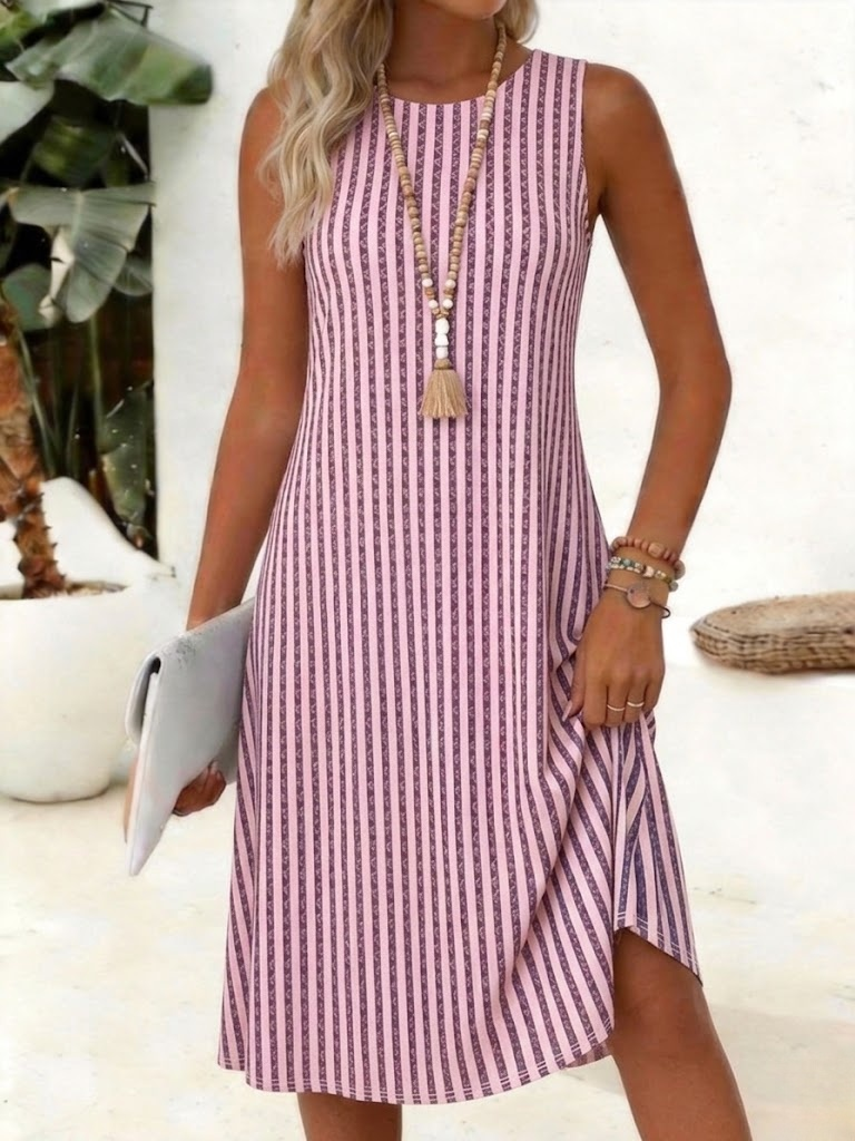 Women's Casual Sleeveless Striped Midi Dress Pink Purple Boho Summer A-Line Tank Dress for Beach Vacation