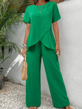 Women's Split Joint Plain Daily Going Out Two-Piece Set Green Casual Summer Top With Pants Matching Set