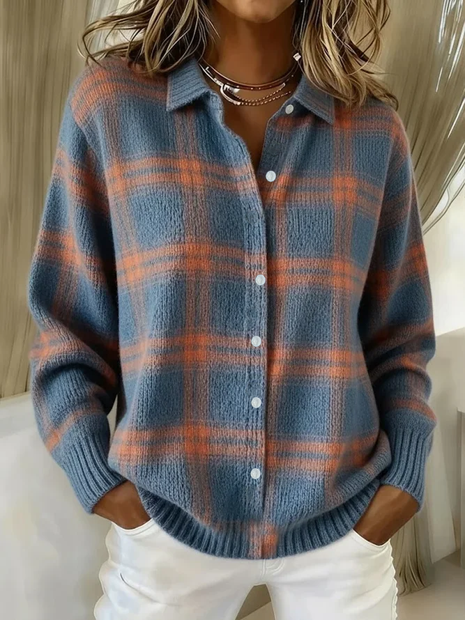 Women's Retro Plaid Casual Collared Button-Up Cardigan