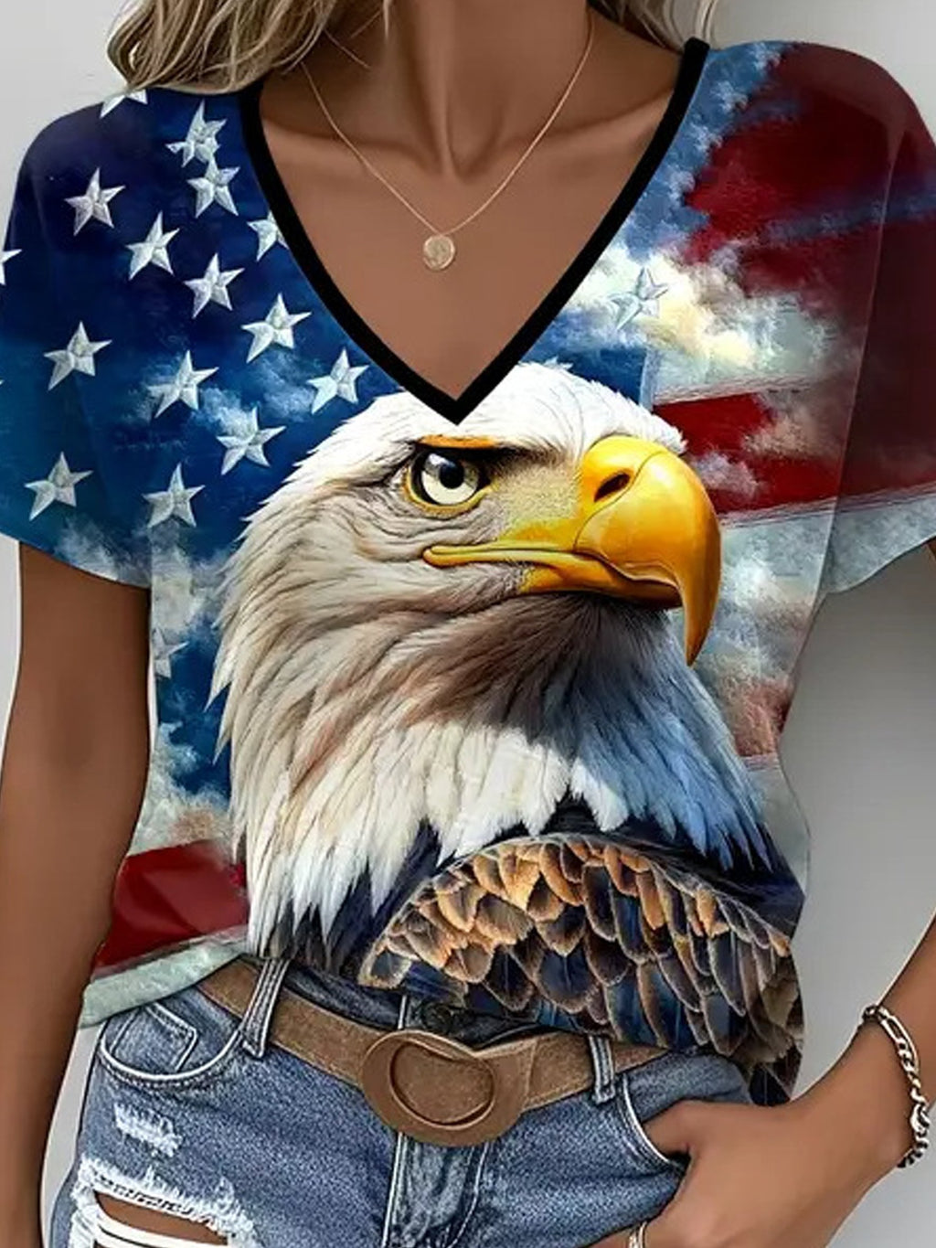 3D Printing America Flag Eagle Old Glory Vintage V Neck Short Sleeve Casual T-Shirt