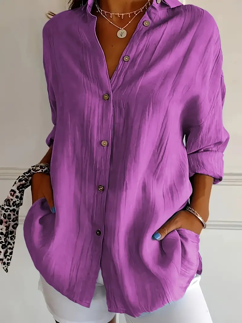 Women's Long Sleeve Shirt Spring/Fall Purple Plain Buckle Shirt Collar Regular Sleeve Daily Going Out Casual Top