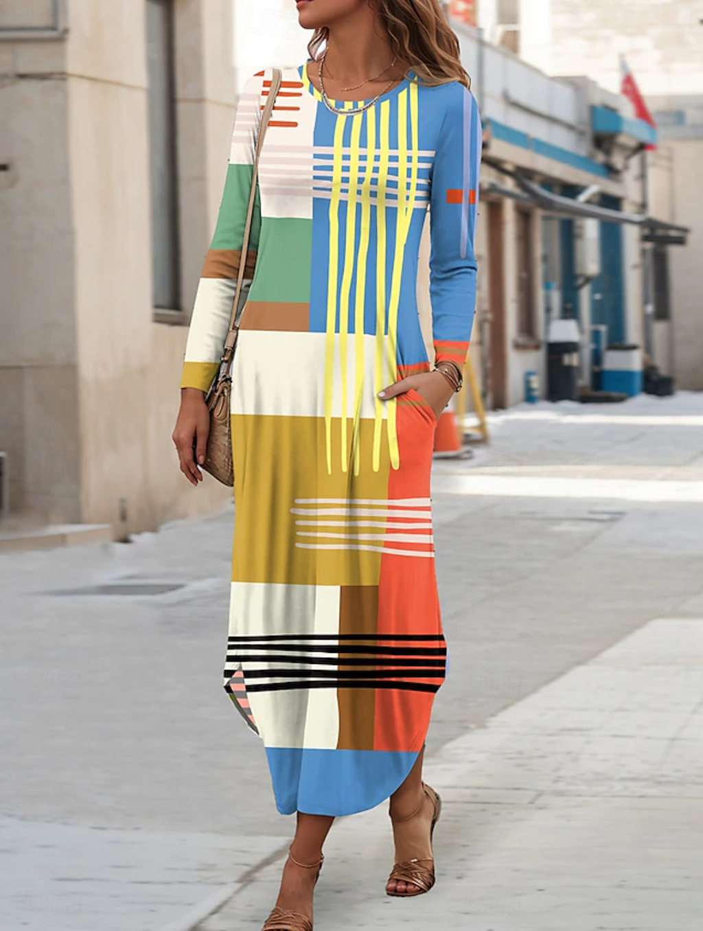 Women's Maxi Dress Vacation Casual Holiday Date Regular Regular Fit Graphic Geometric Long Sleeve Crew Neck