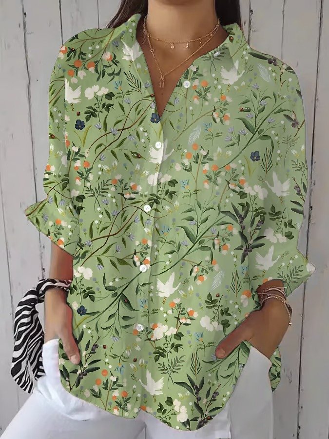Women's Plant Pattern Mid-Sleeve Shirt Stylish Modern Everyday Beach Weekend