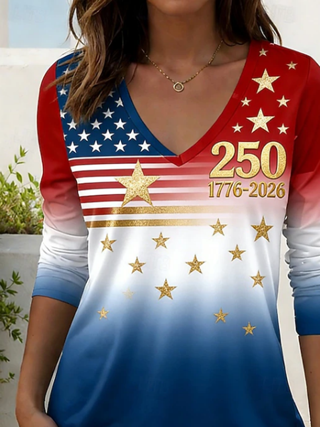 Women's USA 250th Anniversary Long Sleeve T-shirt Spring/Fall As Picture America Flag Printing V Neck Holiday Going Out Casual Top